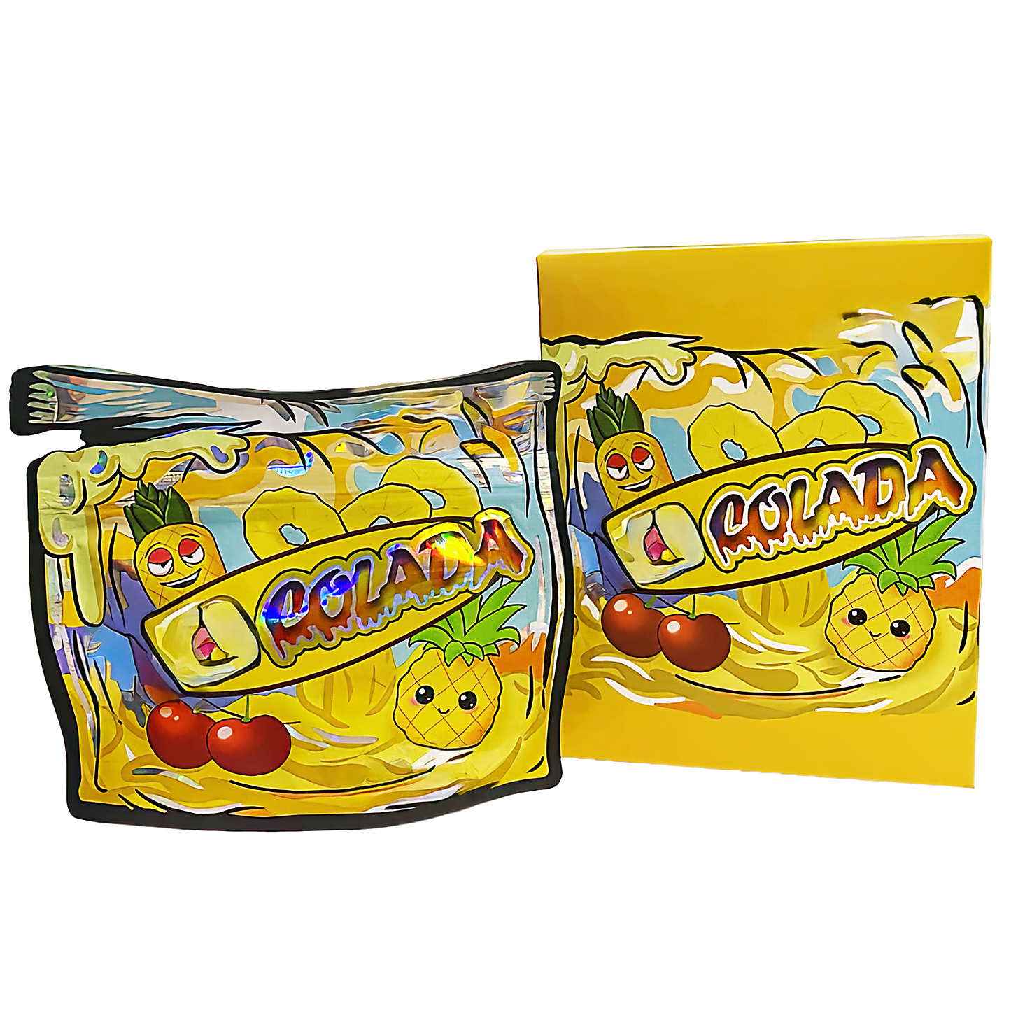 (25 Count) Decorative Zip Foil Pouches with Matching Boxes (4"x 5") Pina Colada Graphic Set