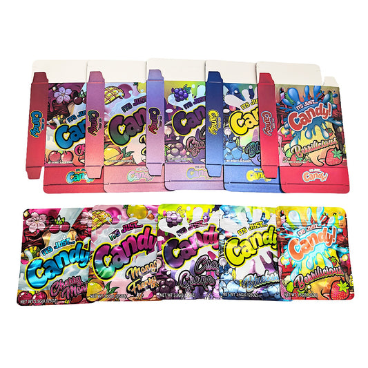 25 Pack – 3.5g Shaped Mylar Bags & Boxes Set (5 Design Mix) Its Just Candy Volume 1