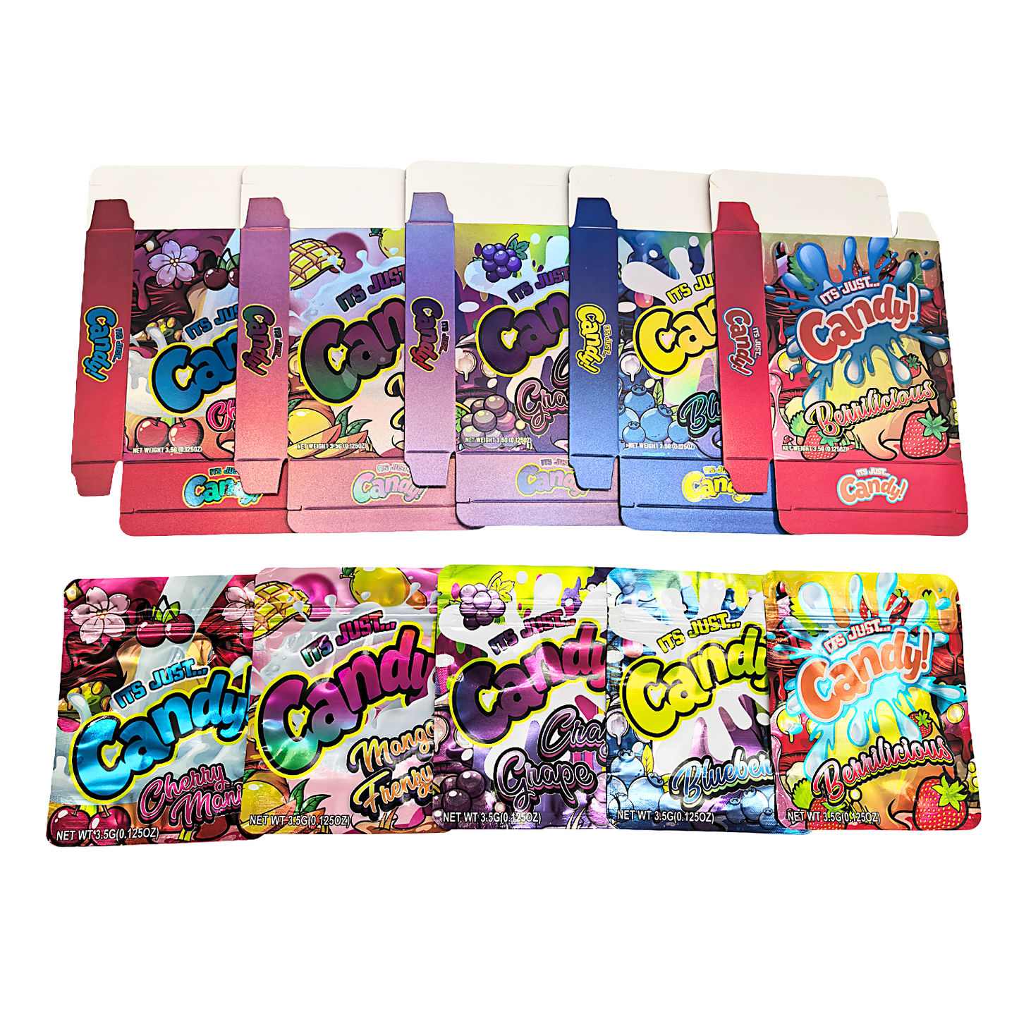 25 Pack – 3.5g Shaped Mylar Bags & Boxes Set (5 Design Mix) Its Just Candy Volume 1