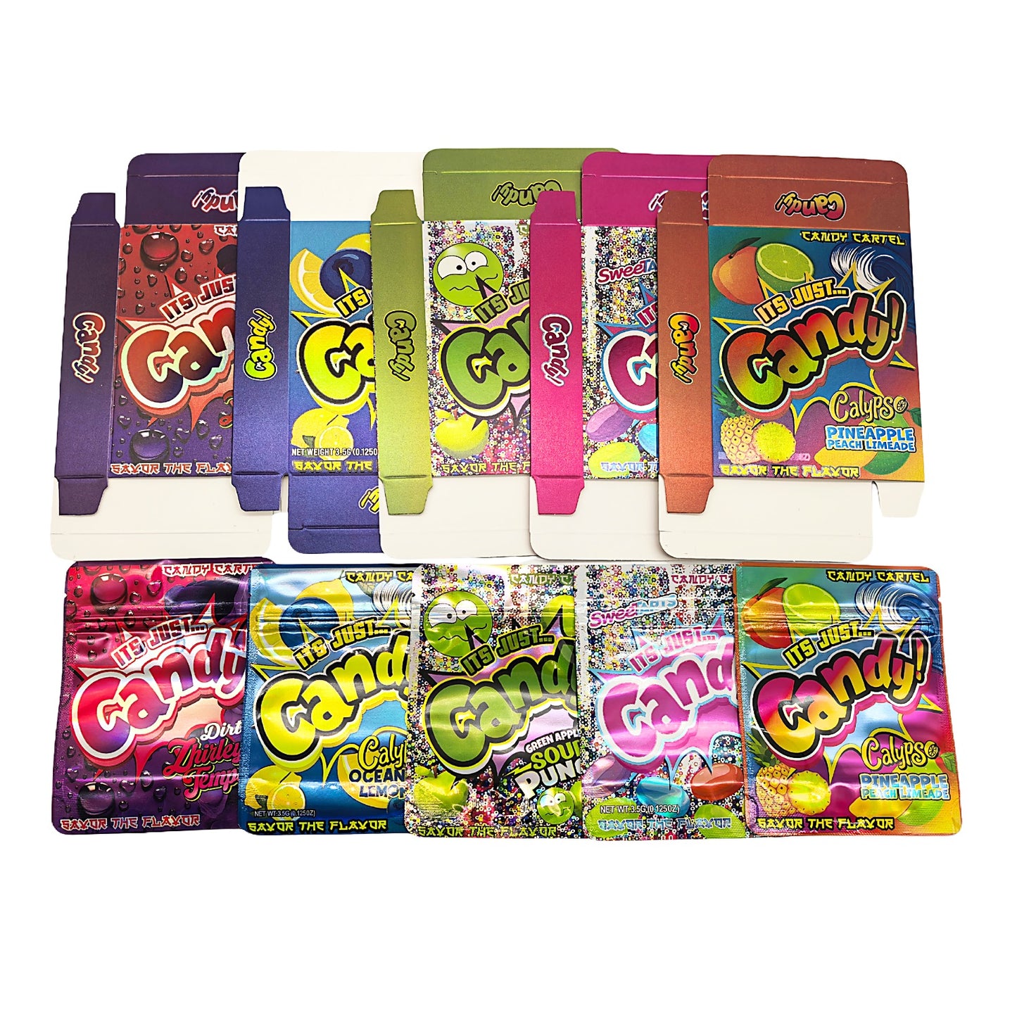 25 Pack – 3.5g Shaped Mylar Bags & Boxes Set (5 Design Mix)Its Just Candy Volume 2