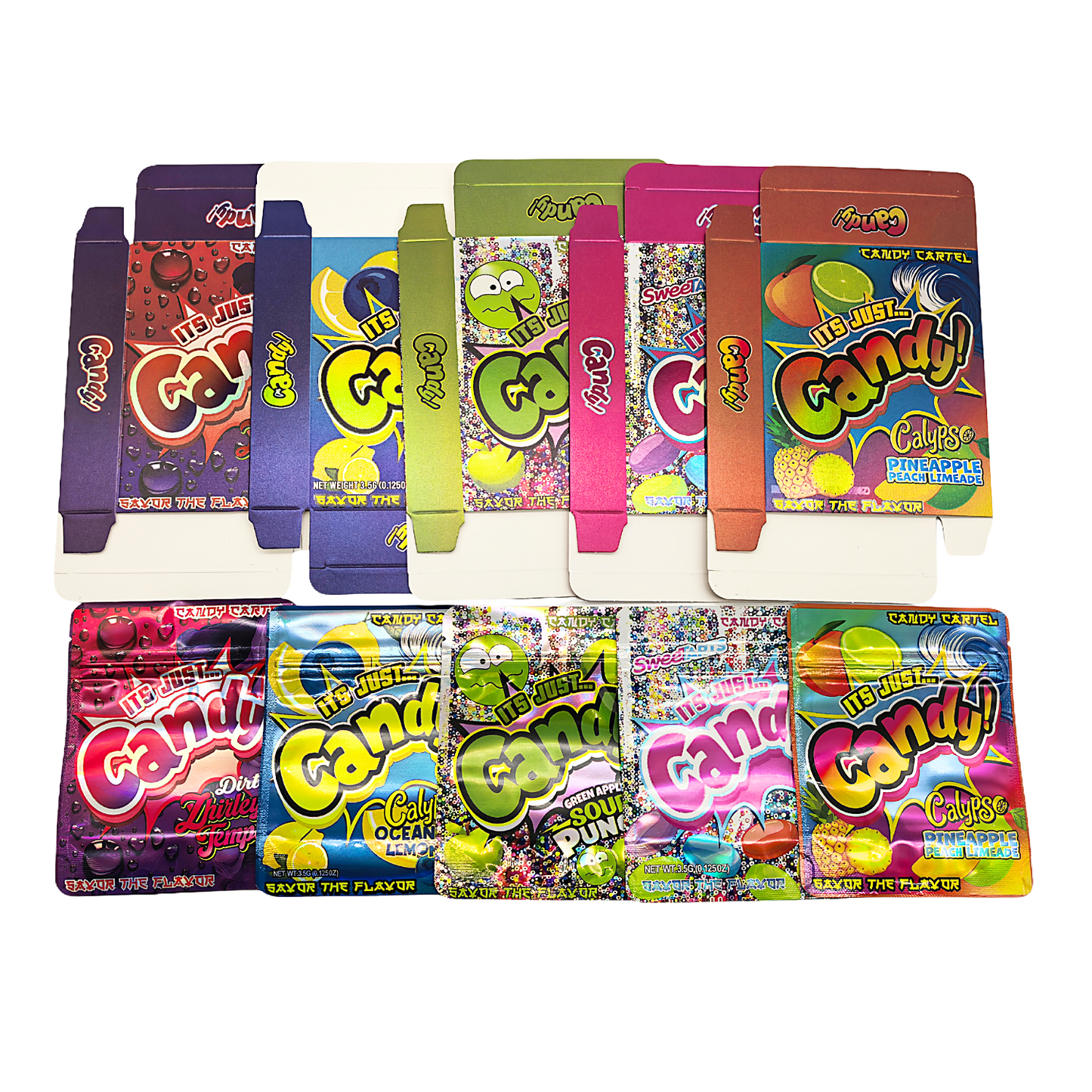 25 Pack – 3.5g Shaped Mylar Bags & Boxes Set (5 Design Mix)Its Just Candy Volume 2