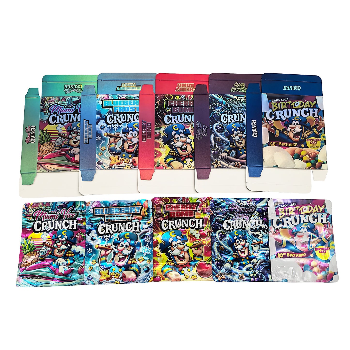 25 Pack – 3.5g Shaped Mylar Bags & Boxes Set (5 Design Mix) Capt. Crunch