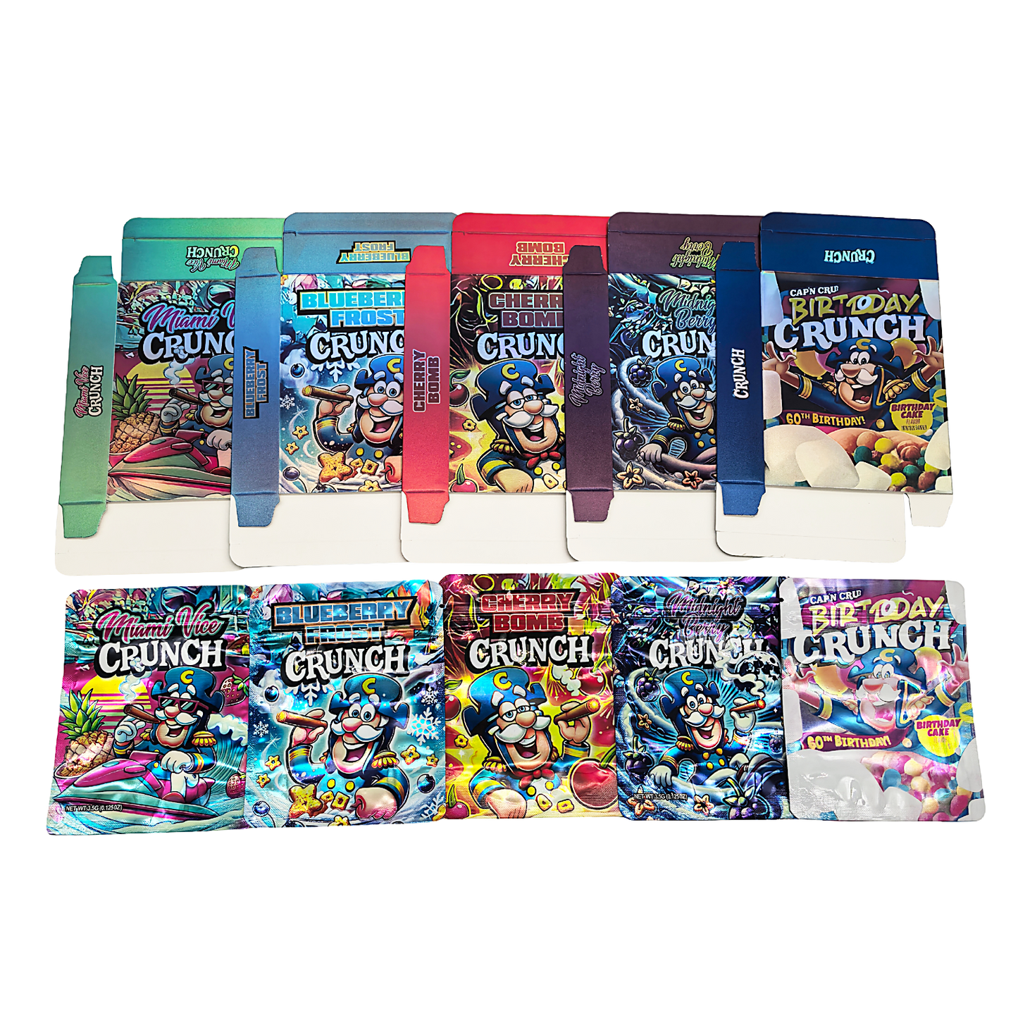 25 Pack – 3.5g Shaped Mylar Bags & Boxes Set (5 Design Mix) Capt. Crunch