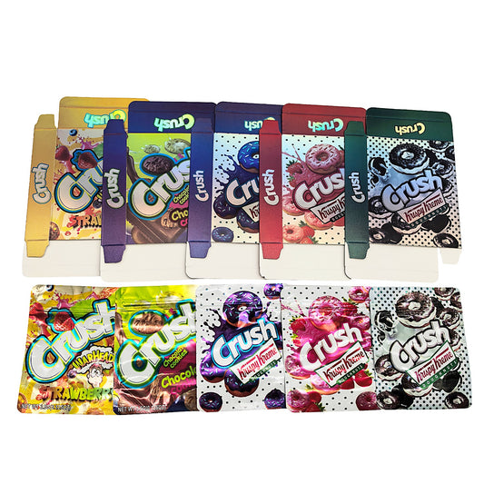 25 Pack – 3.5g Shaped Mylar Bags & Boxes Set (5 Design Mix) Crush Flavors