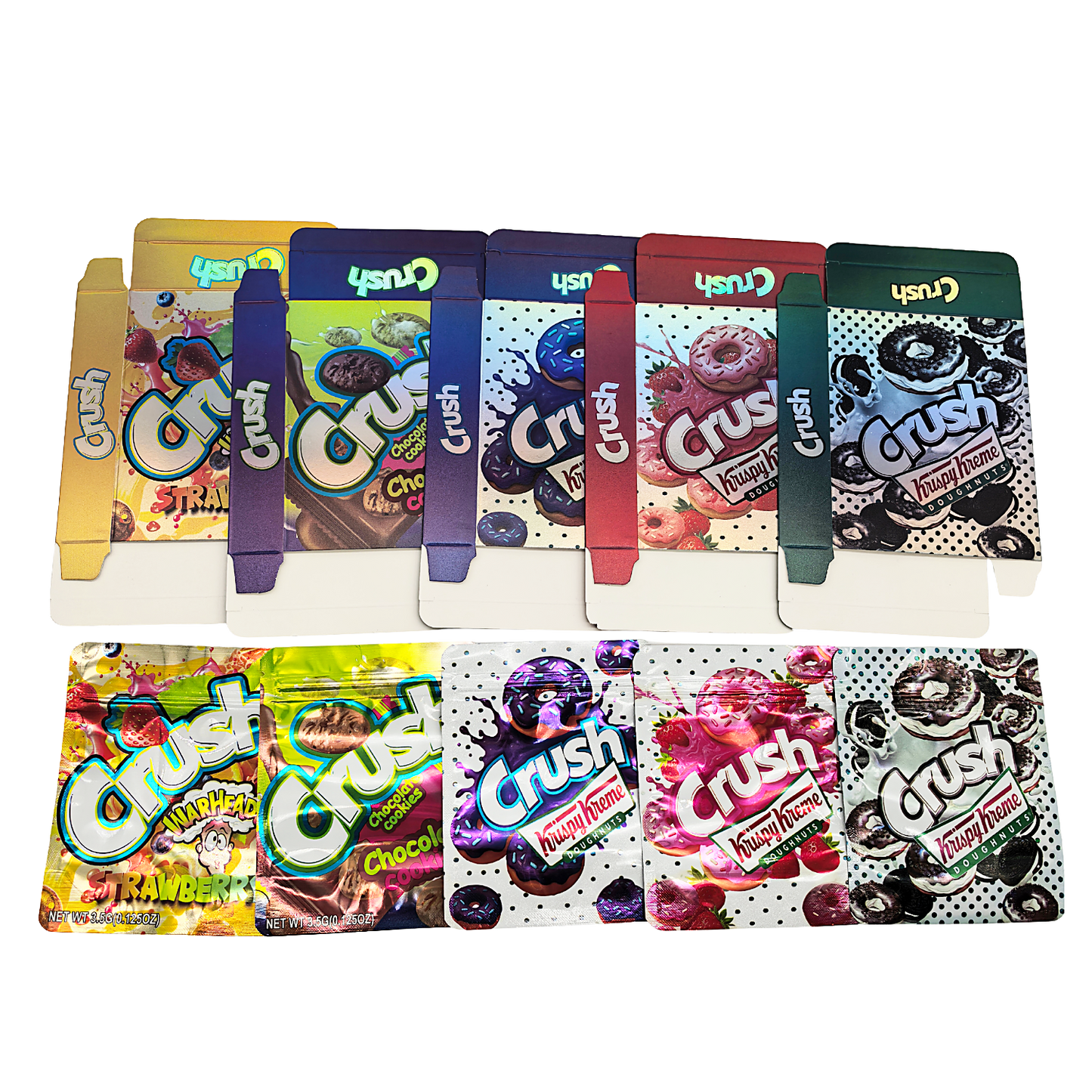 25 Pack – 3.5g Shaped Mylar Bags & Boxes Set (5 Design Mix) Crush Flavors