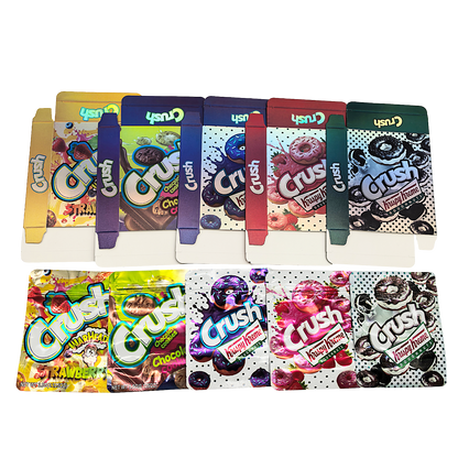 25 Pack – 3.5g Shaped Mylar Bags & Boxes Set (5 Design Mix) Crush Flavors
