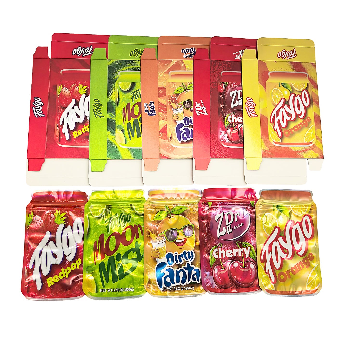 25 Pack – 3.5g Shaped Mylar Bags & Boxes Set (5 Design Mix) Faygo Sodas