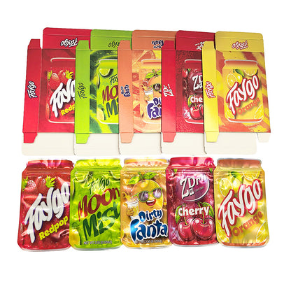 25 Pack – 3.5g Shaped Mylar Bags & Boxes Set (5 Design Mix) Faygo Sodas