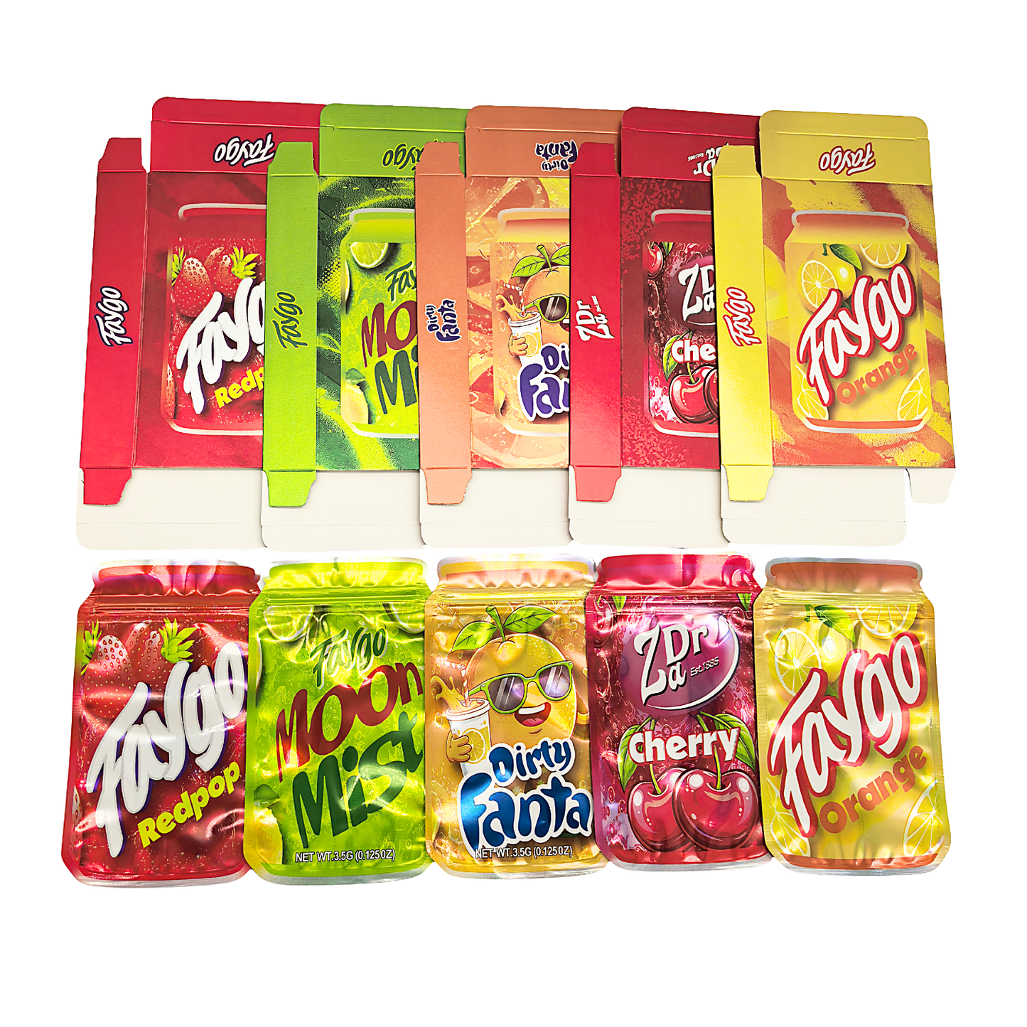 25 Pack – 3.5g Shaped Mylar Bags & Boxes Set (5 Design Mix) Faygo Sodas