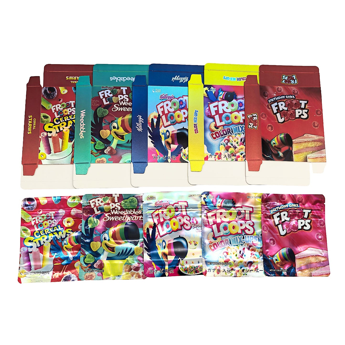 25 Pack – 3.5g Shaped Mylar Bags & Boxes Set (5 Design Mix) Froot Loops Flavors