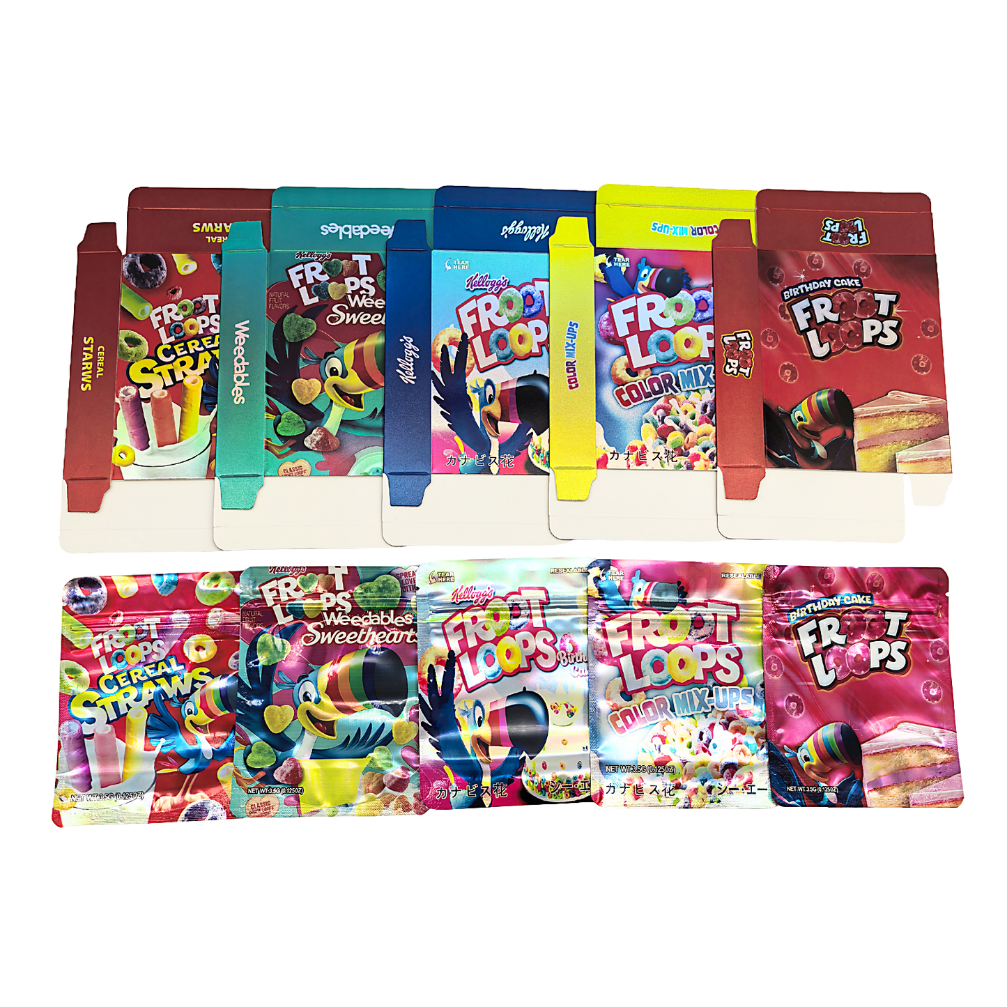 25 Pack – 3.5g Shaped Mylar Bags & Boxes Set (5 Design Mix) Froot Loops Flavors
