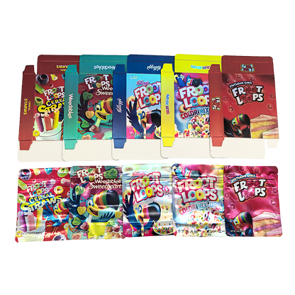 25 Pack – 3.5g Shaped Mylar Bags & Boxes Set (5 Design Mix) Froot Loops Flavors
