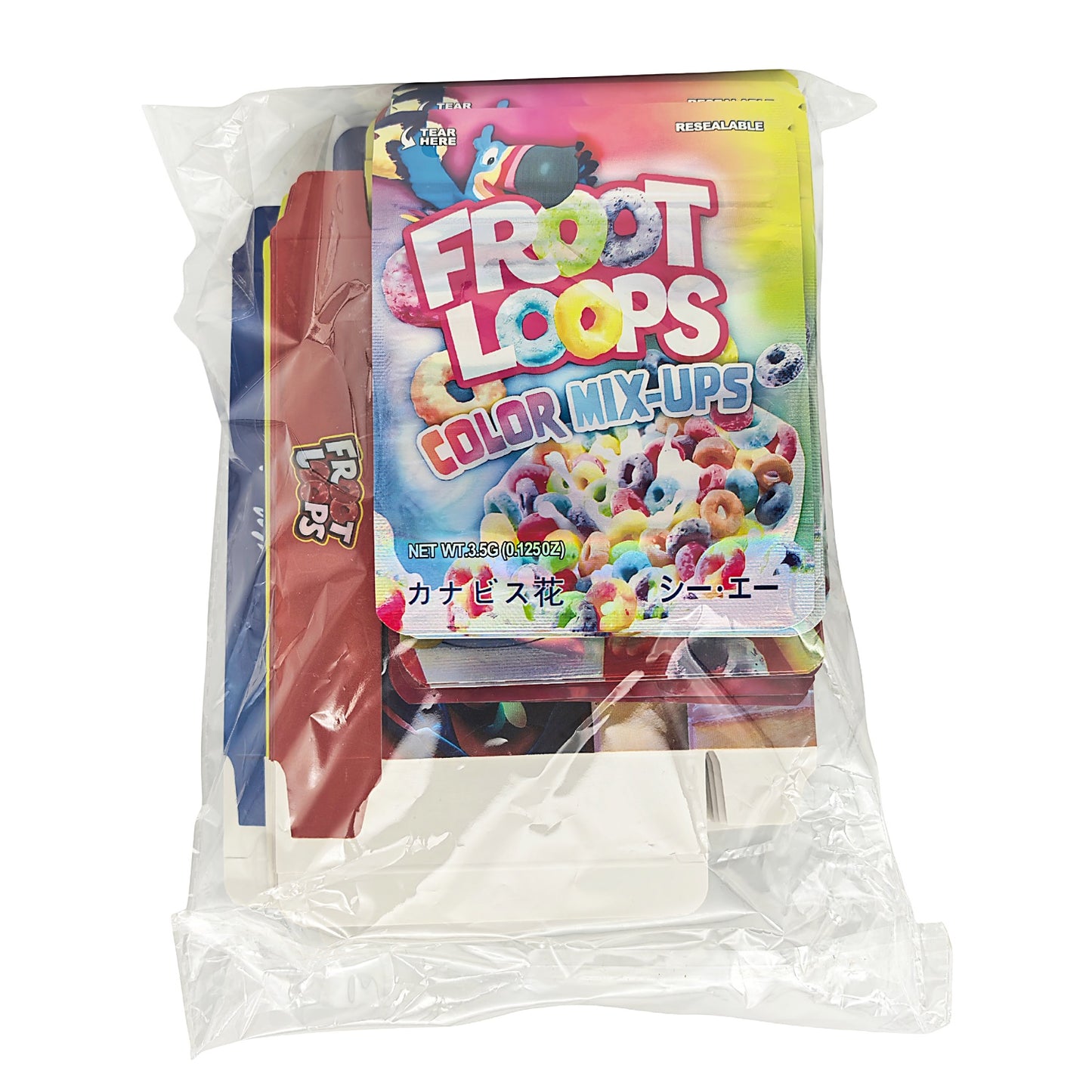 25 Pack – 3.5g Shaped Mylar Bags & Boxes Set (5 Design Mix) Froot Loops Flavors