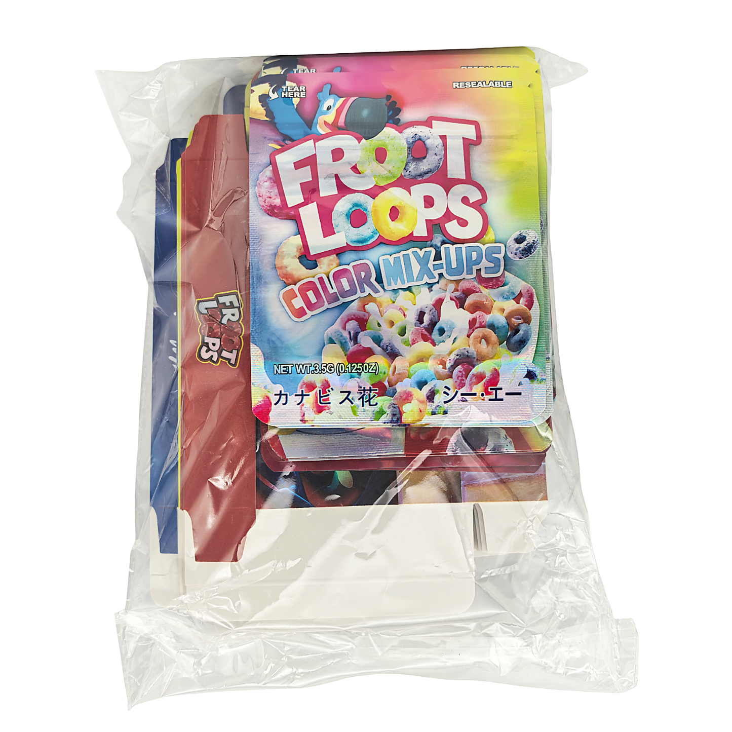 25 Pack – 3.5g Shaped Mylar Bags & Boxes Set (5 Design Mix) Froot Loops Flavors