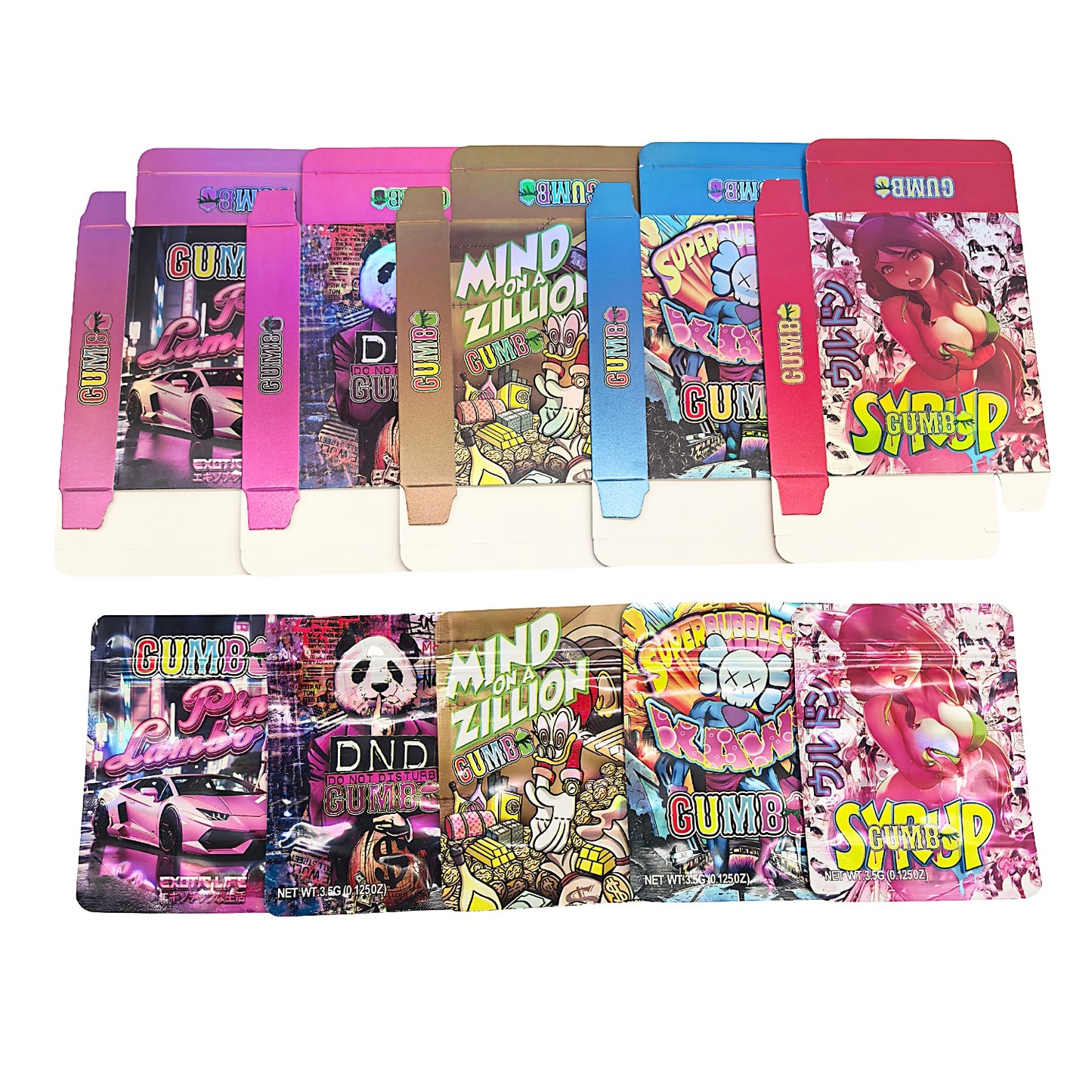 25 Pack – 3.5g Shaped Mylar Bags & Boxes Set (5 Design Mix) Gumbo Styles 1