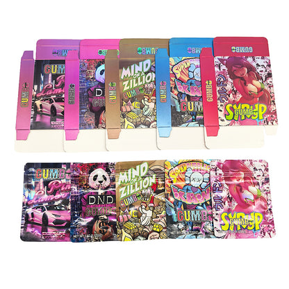 25 Pack – 3.5g Shaped Mylar Bags & Boxes Set (5 Design Mix) Gumbo Styles 1