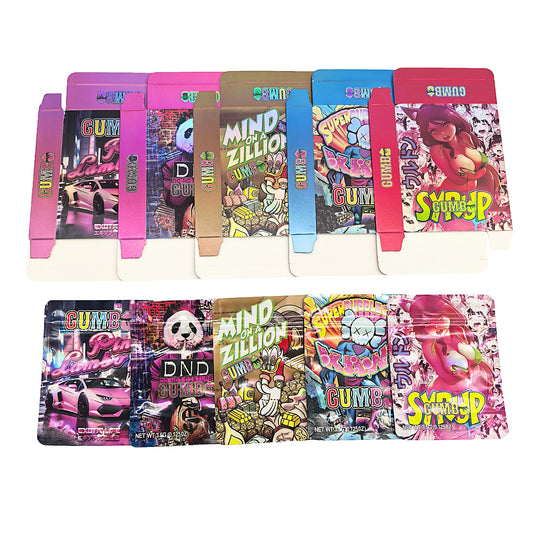 25 Pack – 3.5g Shaped Mylar Bags & Boxes Set (5 Design Mix) Gumbo Styles 1