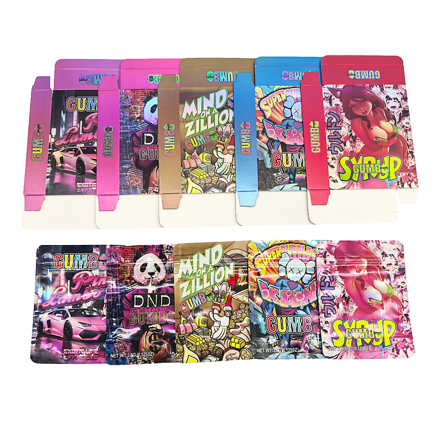 25 Pack – 3.5g Shaped Mylar Bags & Boxes Set (5 Design Mix) Gumbo Styles 1