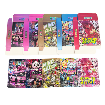 25 Pack – 3.5g Shaped Mylar Bags & Boxes Set (5 Design Mix) Gumbo Styles 1