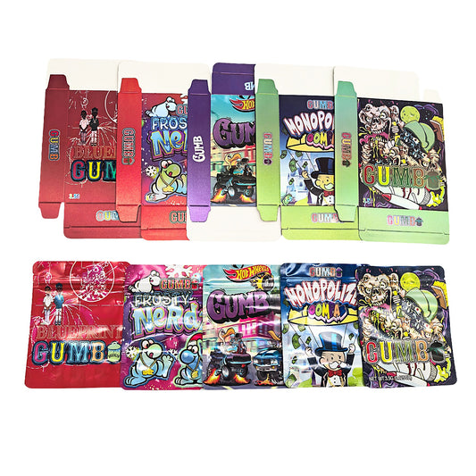 25 Pack – 3.5g Shaped Mylar Bags & Boxes Set (5 Design Mix) Gumbo Styles 2