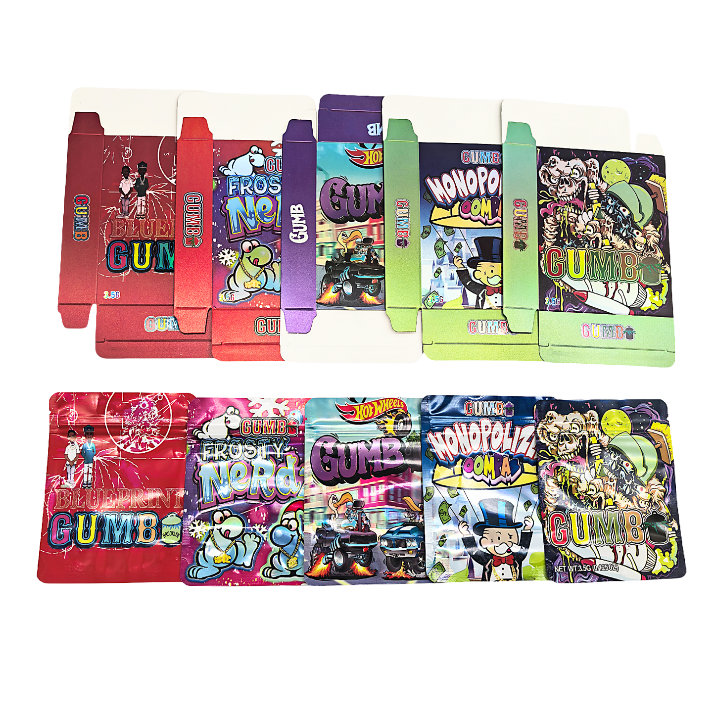 25 Pack – 3.5g Shaped Mylar Bags & Boxes Set (5 Design Mix) Gumbo Styles 2