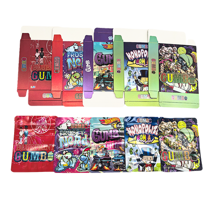 25 Pack – 3.5g Shaped Mylar Bags & Boxes Set (5 Design Mix) Gumbo Styles 2