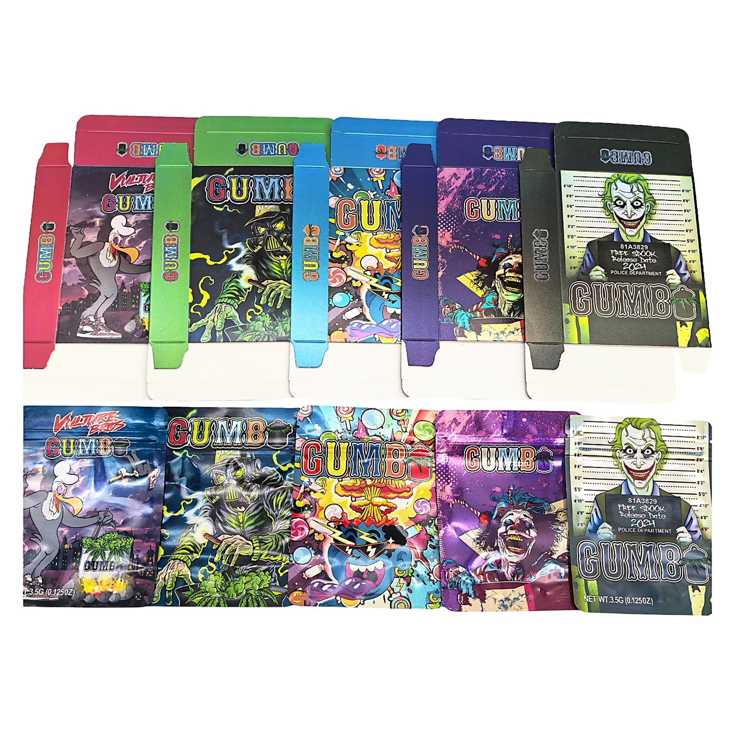 25 Pack – 3.5g Shaped Mylar Bags & Boxes Set (5 Design Mix) Gumbo Styles 3