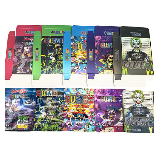 25 Pack – 3.5g Shaped Mylar Bags & Boxes Set (5 Design Mix) Gumbo Styles 3