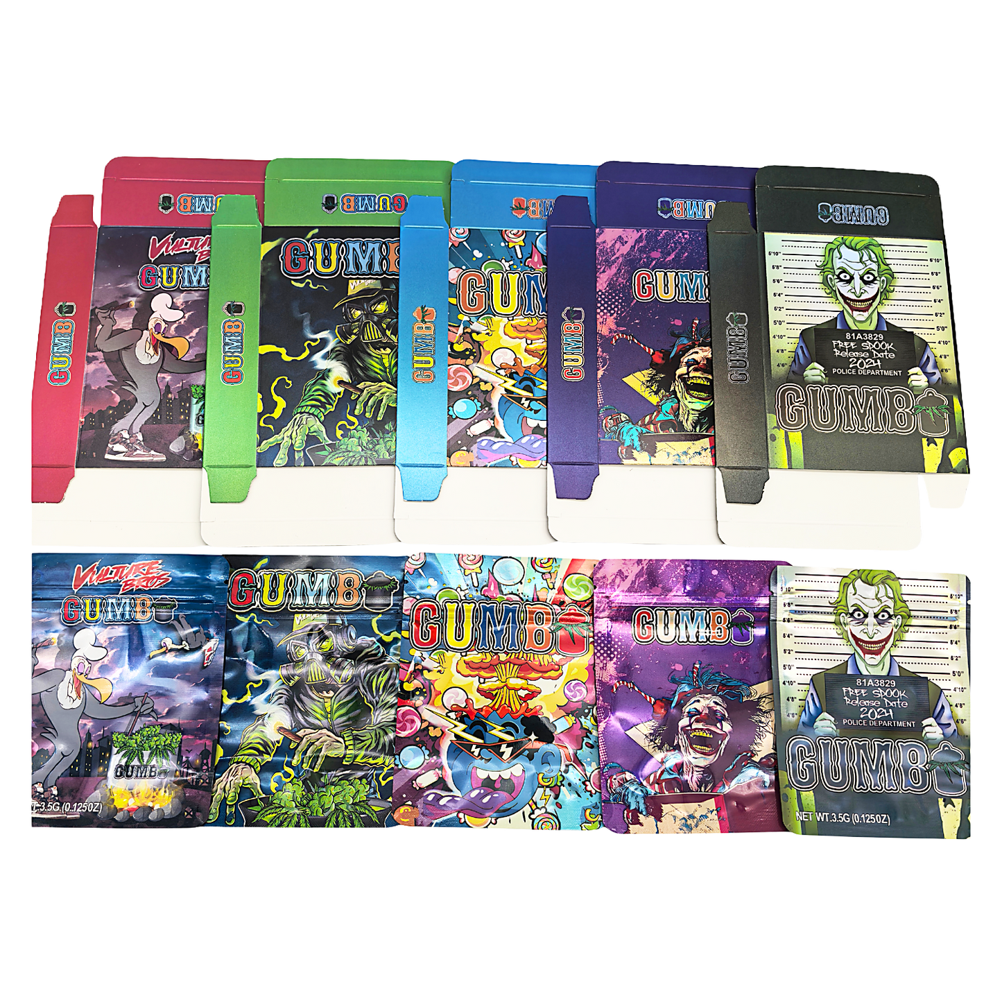25 Pack – 3.5g Shaped Mylar Bags & Boxes Set (5 Design Mix) Gumbo Styles 3