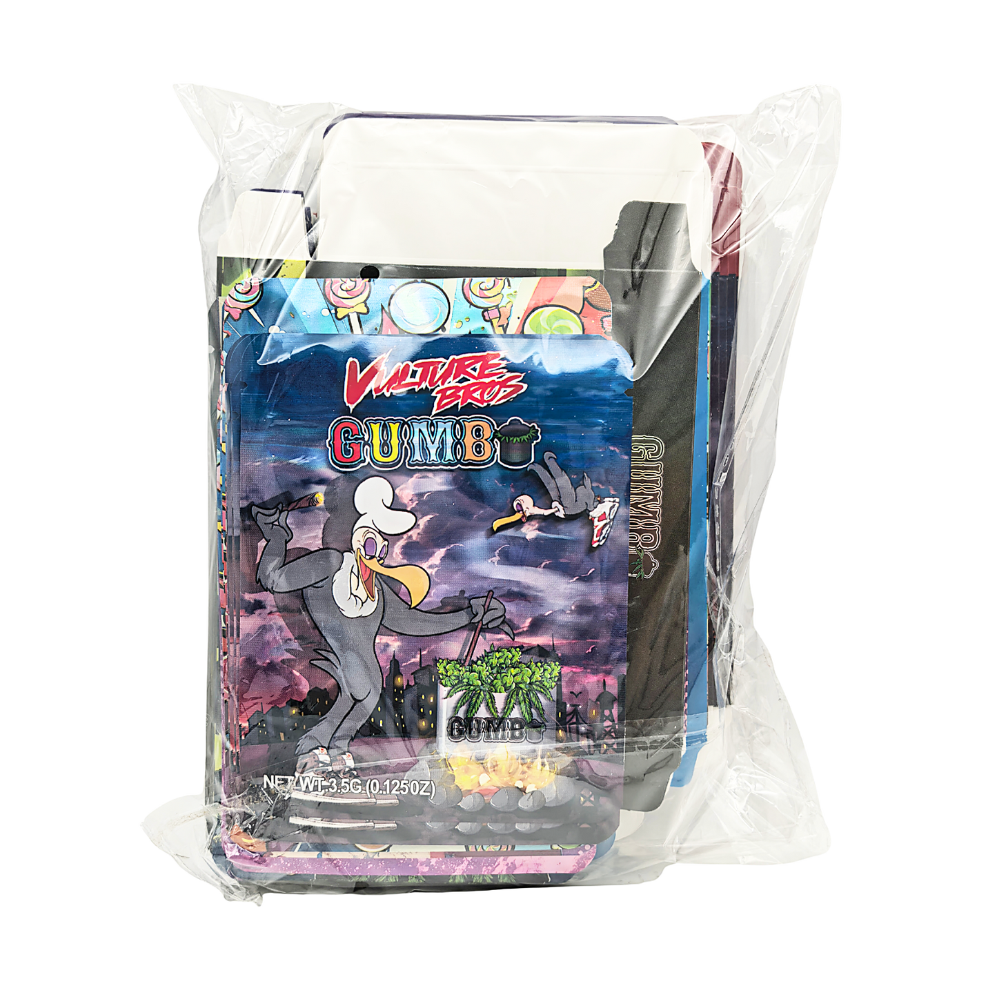 25 Pack – 3.5g Shaped Mylar Bags & Boxes Set (5 Design Mix) Gumbo Styles 3
