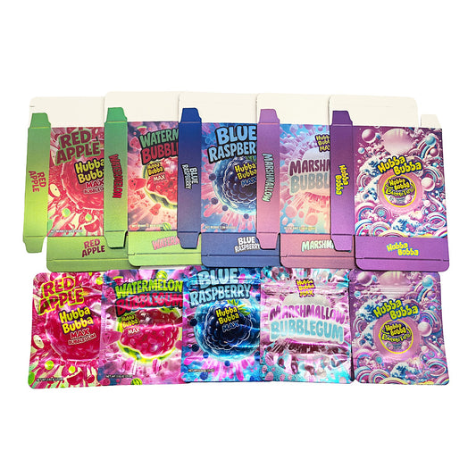 25 Pack – 3.5g Shaped Mylar Bags & Boxes Set (5 Design Mix) Hubba Bubba Gum Flavor