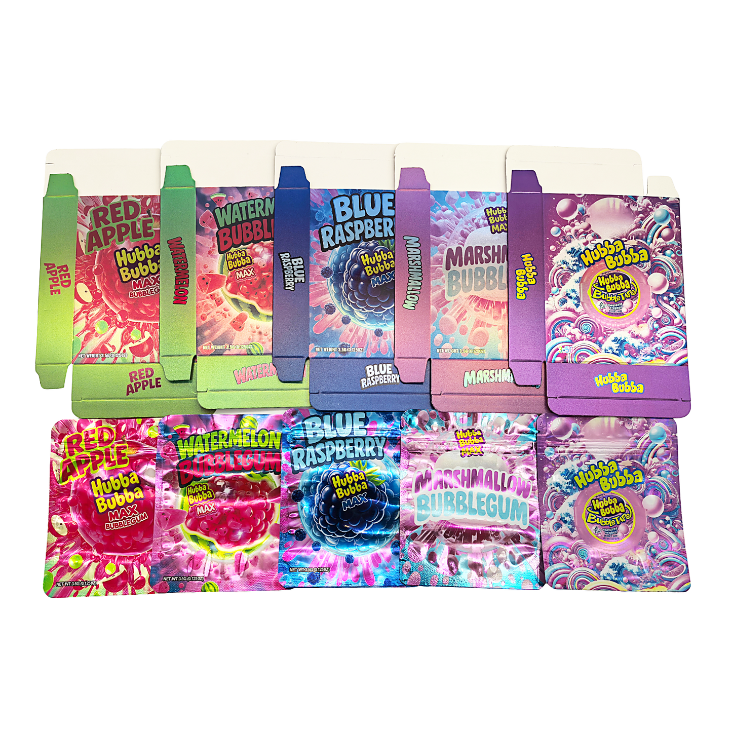 25 Pack – 3.5g Shaped Mylar Bags & Boxes Set (5 Design Mix) Hubba Bubba Gum Flavor