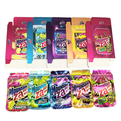 25 Pack – 3.5g Shaped Mylar Bags & Boxes Set (5 Design Mix) Mountain Za Sodas