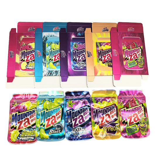 25 Pack – 3.5g Shaped Mylar Bags & Boxes Set (5 Design Mix) Mountain Za Sodas