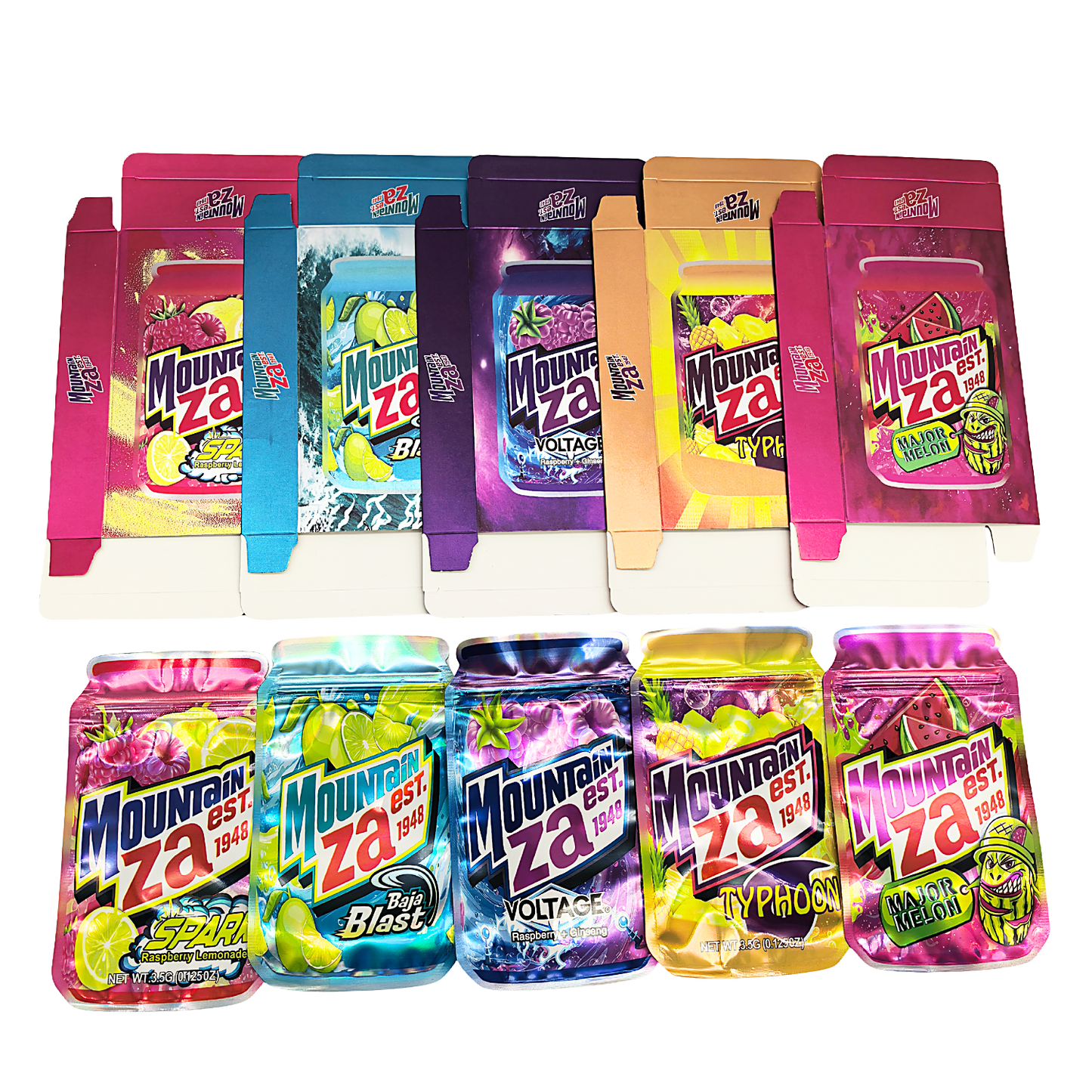 25 Pack – 3.5g Shaped Mylar Bags & Boxes Set (5 Design Mix) Mountain Za Sodas