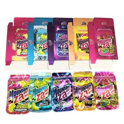 25 Pack – 3.5g Shaped Mylar Bags & Boxes Set (5 Design Mix) Mountain Za Sodas