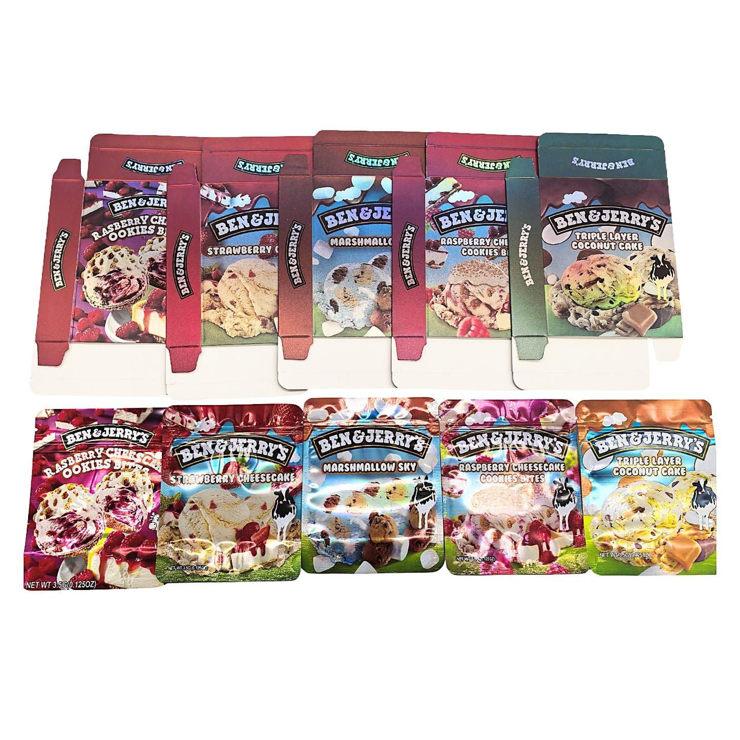 25 Pack – 3.5g Shaped Mylar Bags & Boxes Set (5 Design Mix) Ben & Jerry's Ice Cream