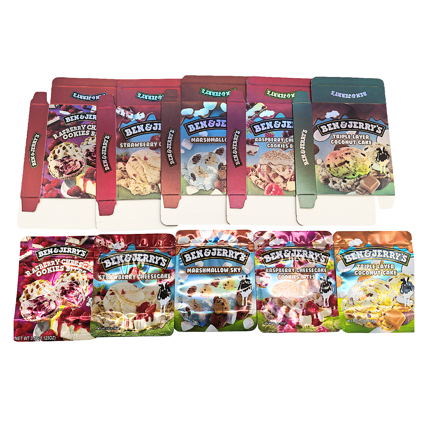25 Pack – 3.5g Shaped Mylar Bags & Boxes Set (5 Design Mix) Ben & Jerry's Ice Cream