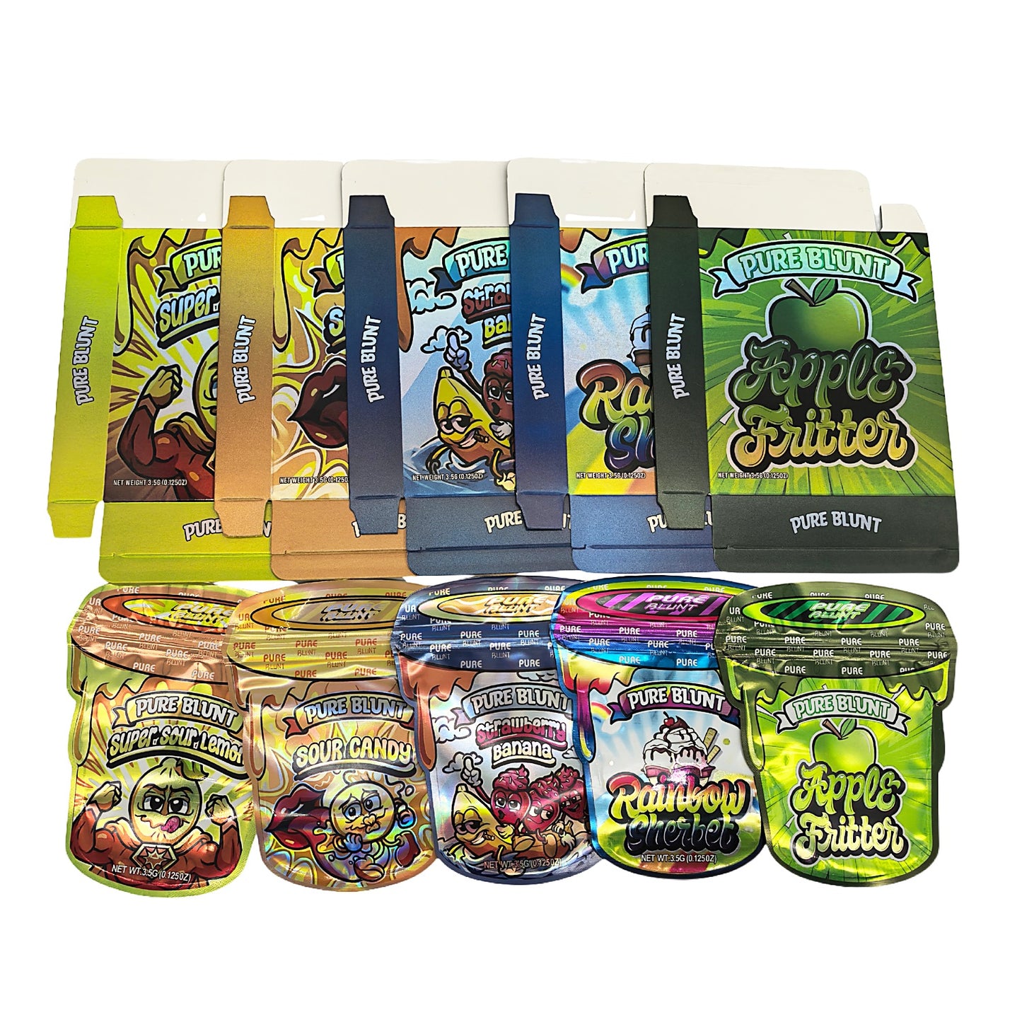 25 Pack – 3.5g Shaped Mylar Bags & Boxes Set (5 Design Mix) Pure Blunt Flavors