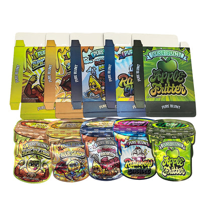 25 Pack – 3.5g Shaped Mylar Bags & Boxes Set (5 Design Mix) Pure Blunt Flavors