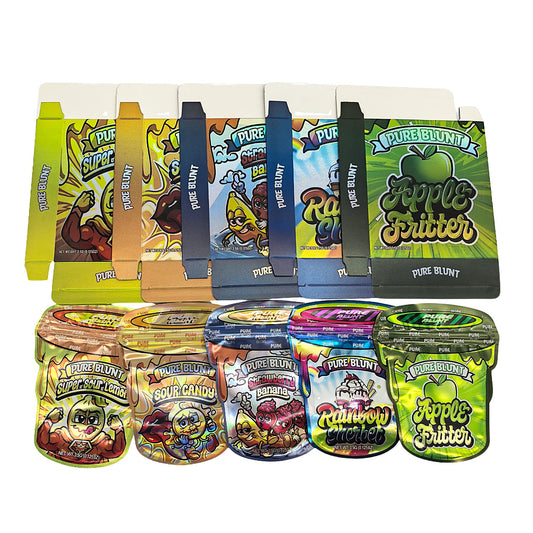 25 Pack – 3.5g Shaped Mylar Bags & Boxes Set (5 Design Mix) Pure Blunt Flavors