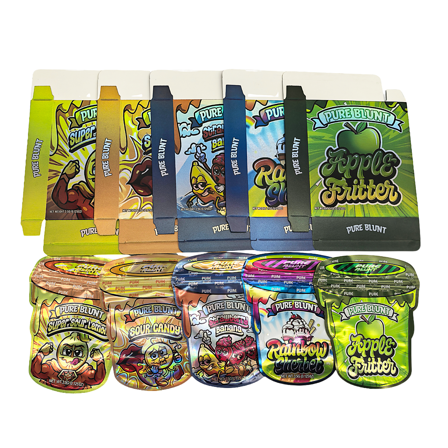 25 Pack – 3.5g Shaped Mylar Bags & Boxes Set (5 Design Mix) Pure Blunt Flavors
