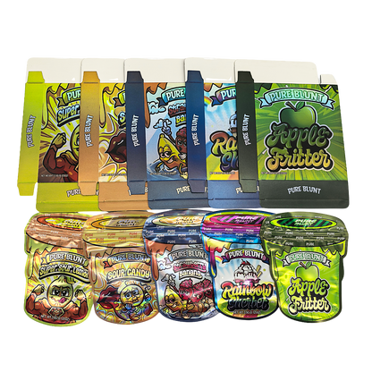 25 Pack – 3.5g Shaped Mylar Bags & Boxes Set (5 Design Mix) Pure Blunt Flavors