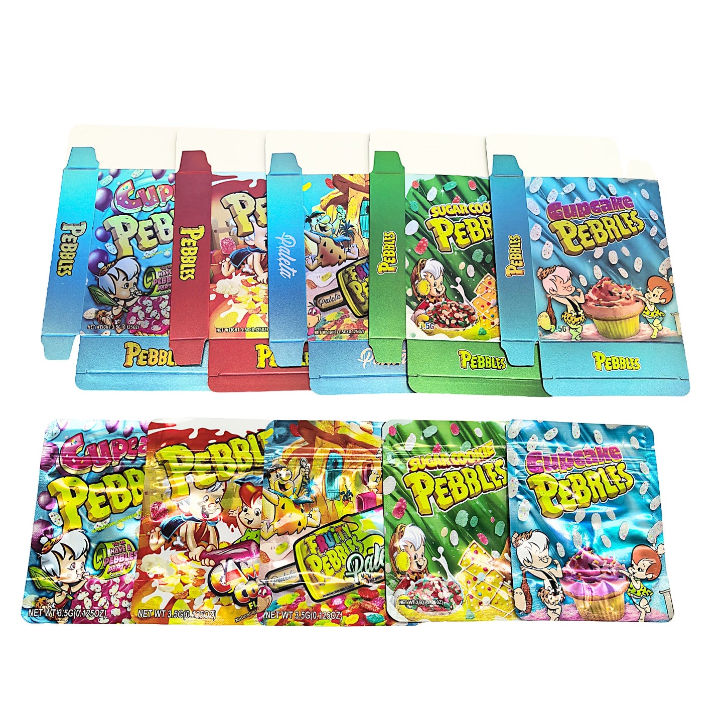 25 Pack – 3.5g Shaped Mylar Bags & Boxes Set (5 Design Mix) Pebbles Flintstones Style