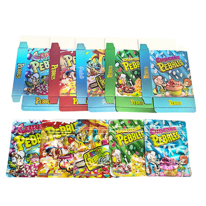 25 Pack – 3.5g Shaped Mylar Bags & Boxes Set (5 Design Mix) Pebbles Flintstones Style
