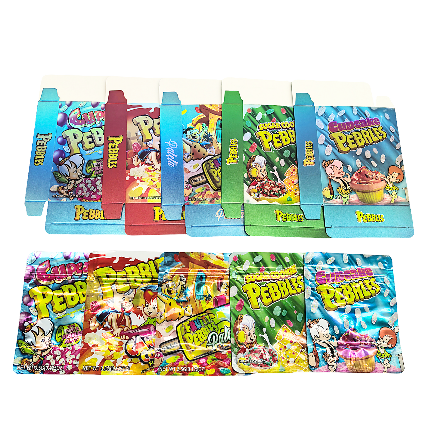 25 Pack – 3.5g Shaped Mylar Bags & Boxes Set (5 Design Mix) Pebbles Flintstones Style
