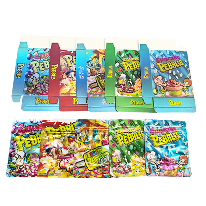 25 Pack – 3.5g Shaped Mylar Bags & Boxes Set (5 Design Mix) Pebbles Flintstones Style