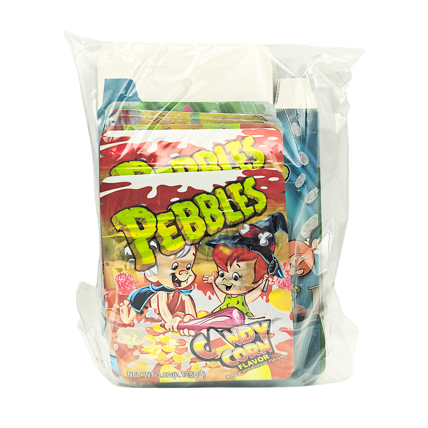 25 Pack – 3.5g Shaped Mylar Bags & Boxes Set (5 Design Mix) Pebbles Flintstones Style