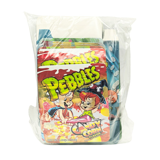 25 Pack – 3.5g Shaped Mylar Bags & Boxes Set (5 Design Mix) Pebbles Flintstones Style