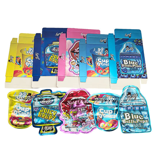 25 Pack – 3.5g Shaped Mylar Bags & Boxes Set (5 Design Mix) Runtz Styles 1